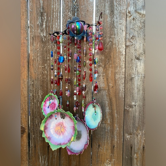 Inlaid Gold Leaves Vtg Porcelain Glass Beads 3D Butterfly Wind Chime Mobile - Picture 11 of 11